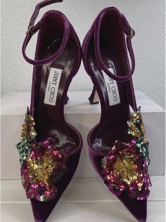 Jimmy Choo Shoes - Jimmy Choo Purple Velvet Sequin Floral Embellished Ankle-Strap Heels
